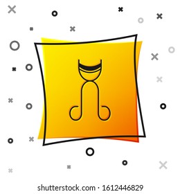 Black Eyelash curler icon isolated on white background. Makeup tool sign. Yellow square button. Vector Illustration