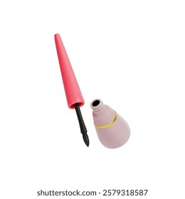 Black eyeliner eyeliner rendering. In a beautiful beige bottle with pink cap. Luxury cosmetics. Vector 3d illustration on isolated white background