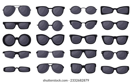 Black eyewear. Sunglasses silhouette, polarized glasses sun uv eye protection aviation model with cool shades lens ocular health dark spectacles, vector illustration of silhouette eyewear glasses