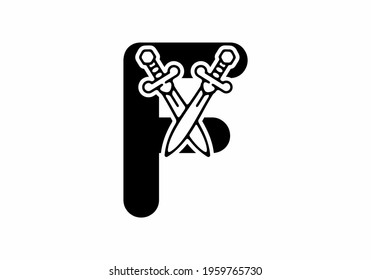 Black F initial letter with sword