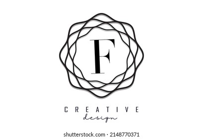 Black F letter logo with wavy circle element. Vector with monogram design and luxury.