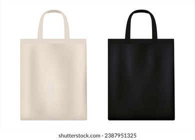 Bolsa de tela negra y mochila ecológica de algodón blanco. Bolsa de lienzo con asa. Bolsa de compras reutilizable. Bolsa ecológica para comestibles. Ilustración vectorial aislada en fondo blanco.