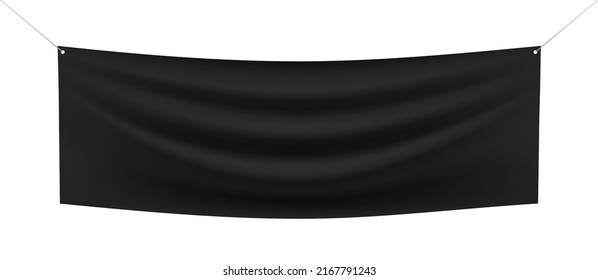 Black Fabric Banner Flag Hanging On Ropes, Isolated On White Background. Textile Horizontal Banner Realistic Mockup.