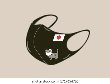 The black fabric face mask with Japan flag isolated on background protect viruses or dust and allergy.So cute.