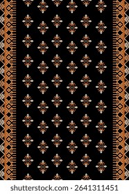 A black fabric featuring symmetrical golden and white geometric embroidery patterns with ornate borders on both sides.