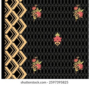Black fabric with gold geometric border and floral accents, for textile, wallpaper, gift wrapping.