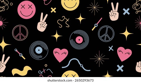 A Black Fabric with Smileys Records Peace Signs Stars and Abstract Shapes