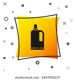 Black Fabric softener icon isolated on white background. Liquid laundry detergent, conditioner, cleaning agent, bleach. Yellow square button. Vector Illustration