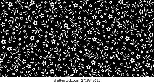 tecido preto com padrões florais brancos, apresentando pequenas margaridas ou flores cosmos, adornado com motivos de folha, cria, olhar doce. Floral branco e padrão de folha em um fundo preto, design sem emenda.