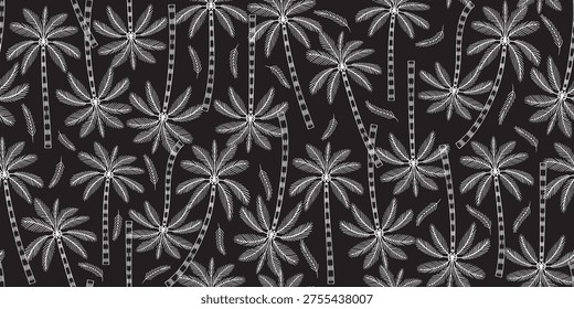 Black fabric with white palm tree patterns, featuring coconut tree design, palm leaf motifs. White palm leaf pattern on a black background, seamless design. The pattern has a cool, masculine look.