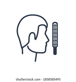Black face contour and high temperature thermometer icon. Control temperature check. Coronavirus prevention. Epidemic 2019-ncov. Vector illustration flat design. Isolated on white background.
