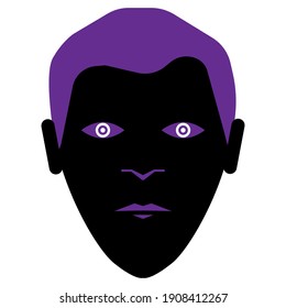 Black face icon. Vector illustration of black face and violet hair. Male face. Male avatar face. Clipart head