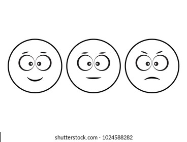 Black face icons with positive, neutral and negative mood. Funny  characters. Outline design. Vector illustration