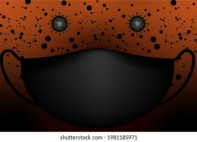 black face mask and black dot graphic pattern on orange background, and graphic symbol of coronavirus, covid-19