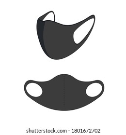 Black face mask illustration with side and front view.