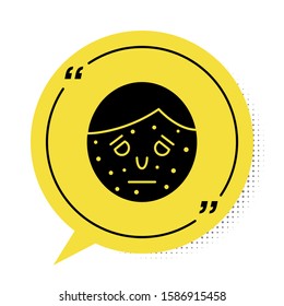 Black Face with psoriasis or eczema icon isolated on white background. Concept of human skin response to allergen or chronic body problem. Yellow speech bubble symbol. Vector Illustration