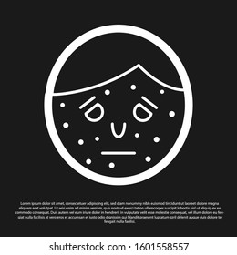 Black Face with psoriasis or eczema icon isolated on black background. Concept of human skin response to allergen or chronic body problem.  Vector Illustration