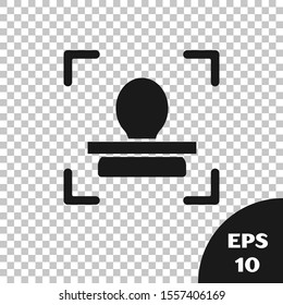 Black Face recognition icon isolated on transparent background. Face identification scanner icon. Facial id. Cyber security concept.  Vector Illustration