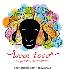 Black face sheep smiled - vector graphic art. Unique multicolor wool as curly hair. Hand drawn ewe or lamb  with watercolor splashes blotches as ram coat. As logo, sign, print. Eps 10. Isolated.