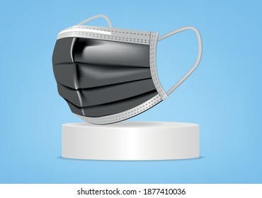 Black Facemask, Medical protective mask isolated on podium white background. Disposable surgical facemask cover the mouth and nose. Healthcare and medical concept. Vector