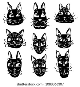 Black faces of cats in cartoon style