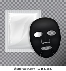 Black Facial Mask Cosmetics Pack. Vector Package Design For Face Mask On Transparent Background For Your Design