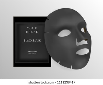 Black facial sheet mask cosmetics ads. 3d Realistic vector illustration. Package design for face mask isolated on background.