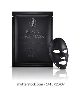 Black facial sheet mask cosmetics ads. Package design for face mask. Realistic vector illustration.