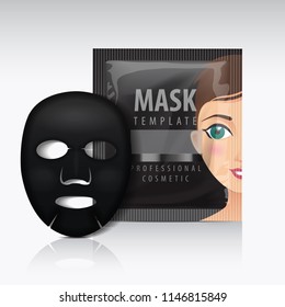 Black Facial sheet mask with sachet. Vector mock up template. Beauty product package for your design for your design