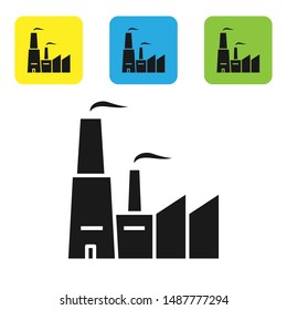 Black Factory icon isolated on white background. Industrial building. Set icons colorful square buttons. Vector Illustration