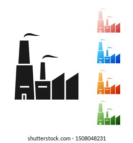 Black Factory icon isolated on white background. Industrial building. Set icons colorful. Vector Illustration