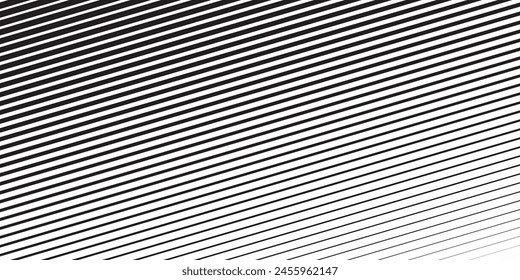 Líneas diagonales de decoloración negras sobre fondo blanco. Franjas paralelas inclinadas. Impresión oblicua de tiras rectas con efecto de degradado o semitono. Fondo de pantalla de rayas inclinadas. Ilustración gráfica Vector.