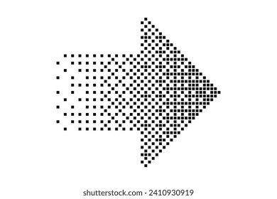 Black fading halftone right arrow in pixel art style on a white background. Retro video game pointer and forward button on the player. Vintage 8 bit symbol