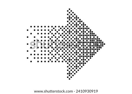 Black fading halftone right arrow in pixel art style on a white background. Retro video game pointer and forward button on the player. Vintage 8 bit symbol