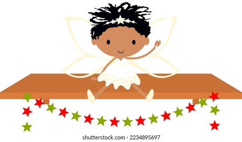 Black Fairy on a Shelf in ballet tutu. Christmas and birthday holiday cartoon vector illustration