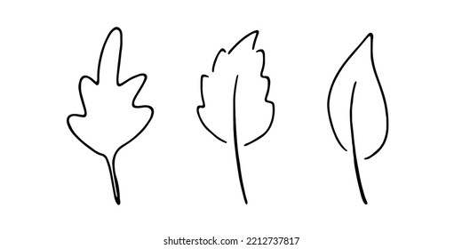 Black Fall Leaves Line Art Hand Drawn Simple Sketch Isolated On White Background