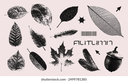 Black fall leaves set in stippling photocopy style. Imprints Stamps of various leaves. Halftone bold tropical leaf contemporary art. Forest stipple vector illustration for minimal design