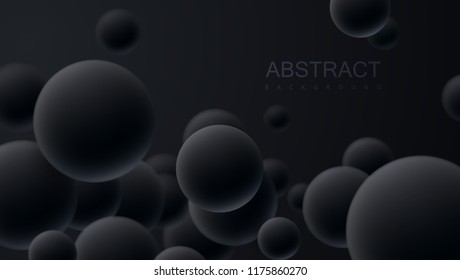 Black falling 3d balls. Vector abstract geometric illustration. Dark background with organic spheres or bubbles. Trendy cover or banner design template