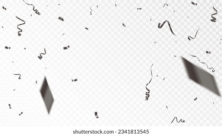 Black falling confetti on a transparent background. Festive event and birthday. Halloween party background. Vector