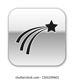 Black Falling star icon isolated on white background. Shooting star with star trail. Meteoroid, meteorite, comet, asteroid, star icon. Silver square button. Vector Illustration