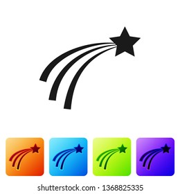 Black Falling star icon isolated on white background. Shooting star with star trail. Meteoroid, meteorite, comet, asteroid, star icon. Set icon in color square buttons. Vector Illustration