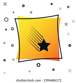 Black Falling star icon isolated on white background. Shooting star with star trail. Meteoroid, meteorite, comet, asteroid, star icon. Yellow square button. Vector Illustration