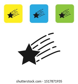 Black Falling star icon isolated on white background. Shooting star with star trail. Meteoroid, meteorite, comet, asteroid, star icon. Set icons colorful square buttons. Vector Illustration