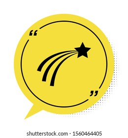 Black Falling star icon isolated on white background. Shooting star with star trail. Meteoroid, meteorite, comet, asteroid, star icon. Yellow speech bubble symbol. Vector Illustration