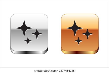 Black Falling star icon isolated on white background. Shooting star with star trail. Meteoroid, meteorite, comet, asteroid, star icon. Silver-gold square button. Vector Illustration