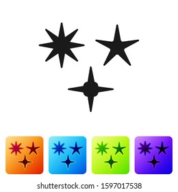 Black Falling star icon isolated on white background. Meteoroid, meteorite, comet, asteroid, star icon. Set icons in color square buttons. Vector Illustration