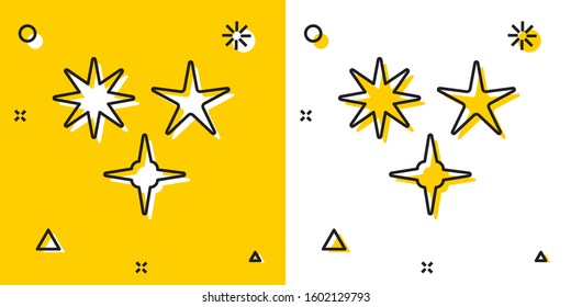 Black Falling star icon isolated on yellow and white background. Meteoroid, meteorite, comet, asteroid, star icon. Random dynamic shapes. Vector Illustration