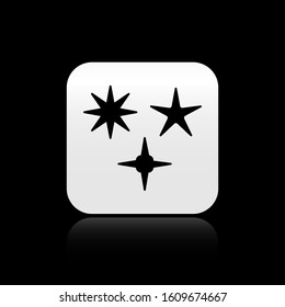 Black Falling star icon isolated on black background. Meteoroid, meteorite, comet, asteroid, star icon. Silver square button. Vector Illustration