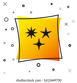 Black Falling star icon isolated on white background. Meteoroid, meteorite, comet, asteroid, star icon. Yellow square button. Vector Illustration