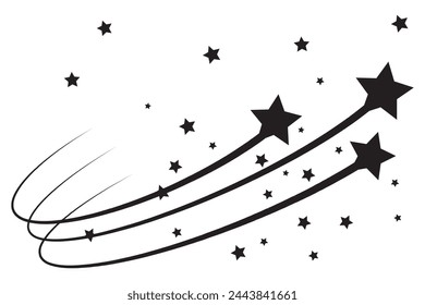 Black falling stars icon. Meteorite and comet symbols. Shooting stars icon vector set. Abstract silhouette of shooting star.  Flying comet with tail, falling meteor, abstract galaxy element. 